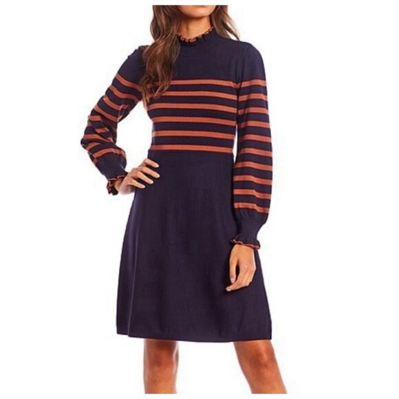 Eliza J Dresses & Skirts - Eliza J Mock Neck Knit Sweater Dress Ruffle XL Navy Orange Stripe Long Sleeve